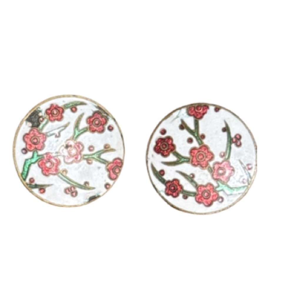 Cherry blossom enamel screw on vintage  Round Earrings